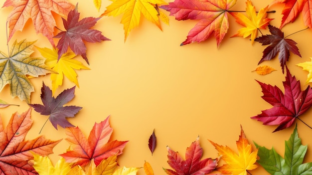 Autumn leaves on orange backdrop top view with room for text perfect for creative compositions