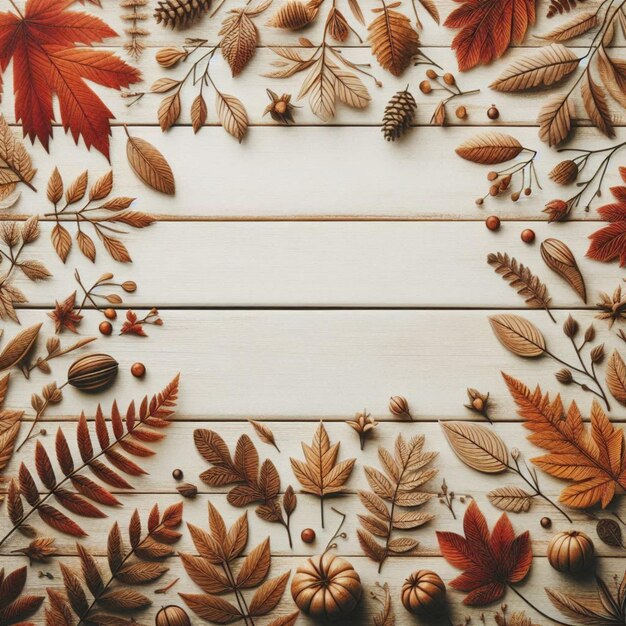 Photo autumn leaves pattern on white wooden background