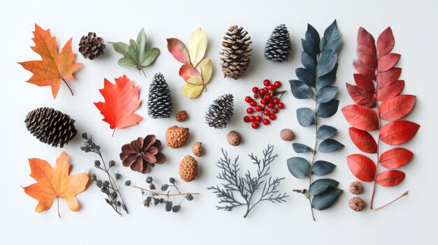 Photo autumn leaves pine cones and berries arranged creatively on a white background