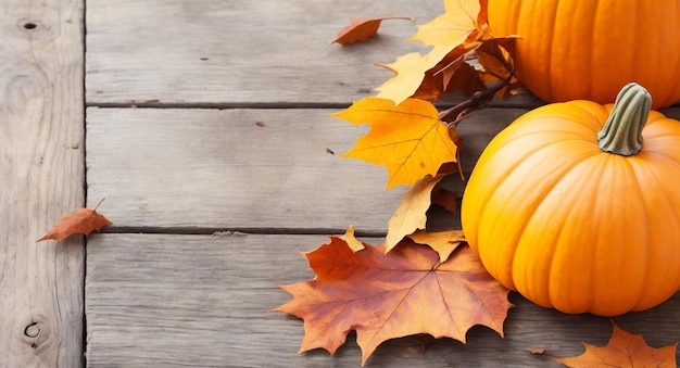 Autumn Leaves And Pumpkin Arrangement On Wooden Table