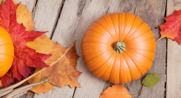 Autumn Leaves And Pumpkin Arrangement On Wooden Table