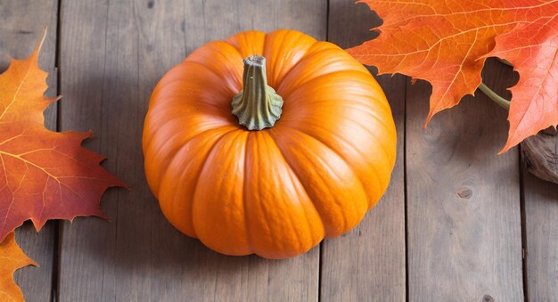 Autumn Leaves And Pumpkin Arrangement On Wooden Table