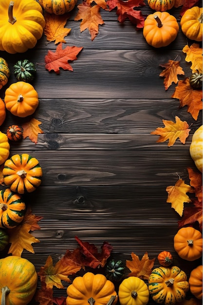 Autumn leaves and pumpkins on brown wooden background Generative AI