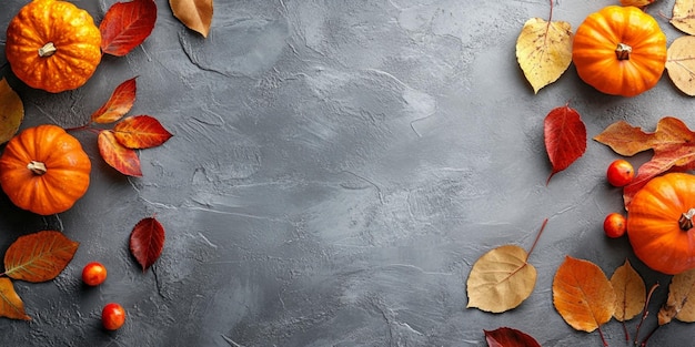 Autumn leaves and pumpkins on a gray background perfect for seasonal designs