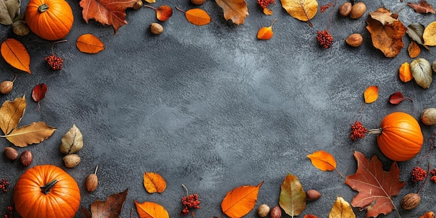 Autumn leaves and pumpkins on a gray background perfect for seasonal designs