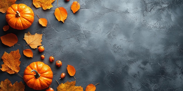 Autumn leaves and pumpkins on a gray background perfect for seasonal designs