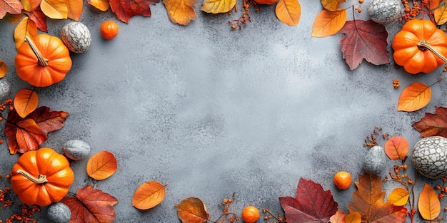 Autumn leaves and pumpkins on a gray background perfect for seasonal designs