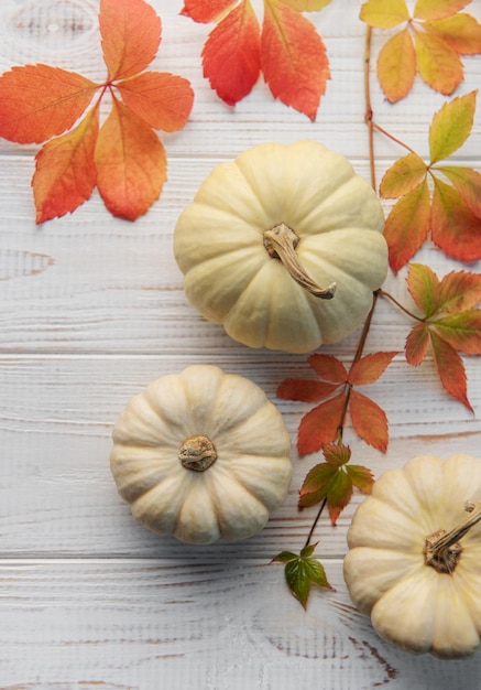 Autumn leaves and pumpkins over old wooden background