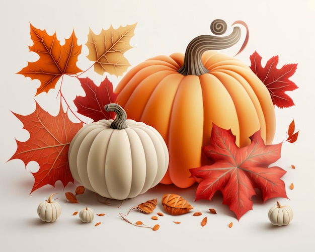 Autumn leaves and pumpkins on a white background in the style of photo realistic