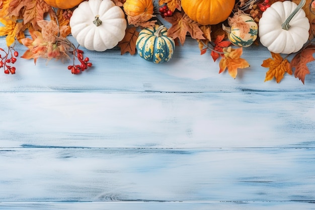 Autumn leaves and pumpkins on wooden background Generative AI