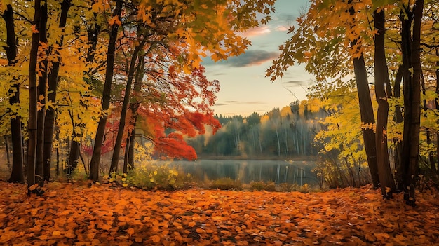 Photo autumn leaves on the river bank