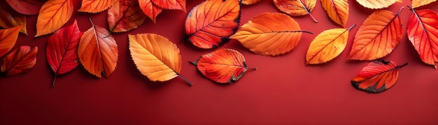 Photo autumn leaves scattered on a vibrant red background