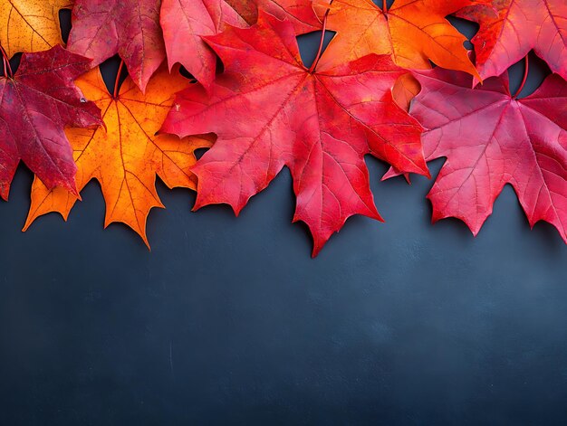 Autumn leaves in shades of red orange and yellow forming a natural border on a dark textured background