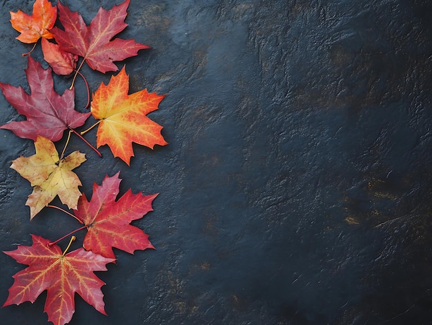 Autumn leaves in shades of red orange and yellow forming a natural border on a dark textured background