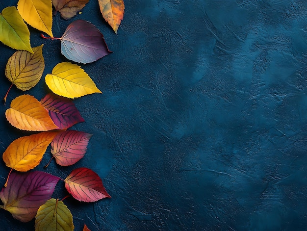 Autumn leaves in shades of red orange and yellow forming a natural border on a dark textured background