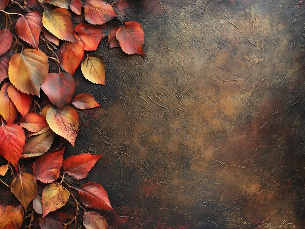 Autumn leaves in shades of red orange and yellow forming a natural border on a dark textured background