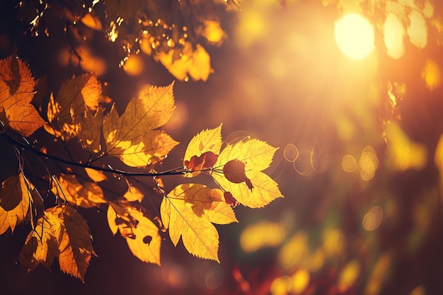 Autumn leaves on the sun and blurred trees . Fall background