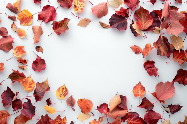 Autumn leaves surrounding a white background with red orange and yellow foliage scattered evenly