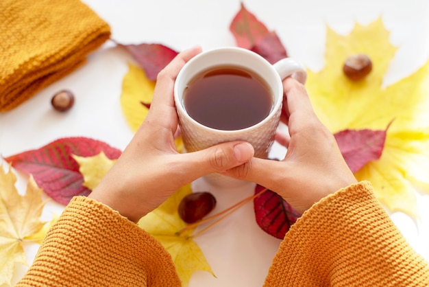 autumn leaves and tea cup