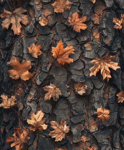 Photo autumn leaves on tree bark