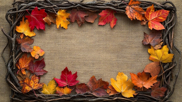 Autumn Leaves and Twigs Frame on Burlap Background