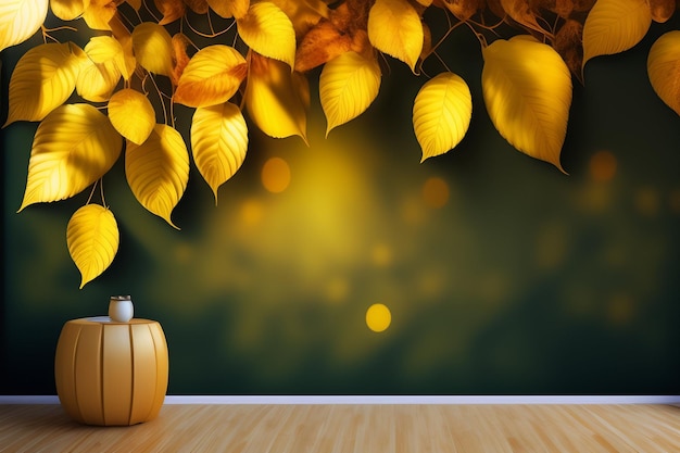 Autumn leaves on a wall with a pumpkin