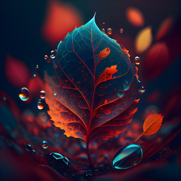 Autumn leaves and water drops on dark background 3d illustration