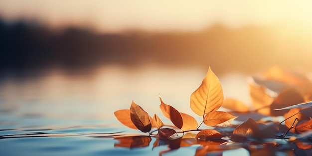 Autumn leaves on the water surface at sunset Beautiful nature background