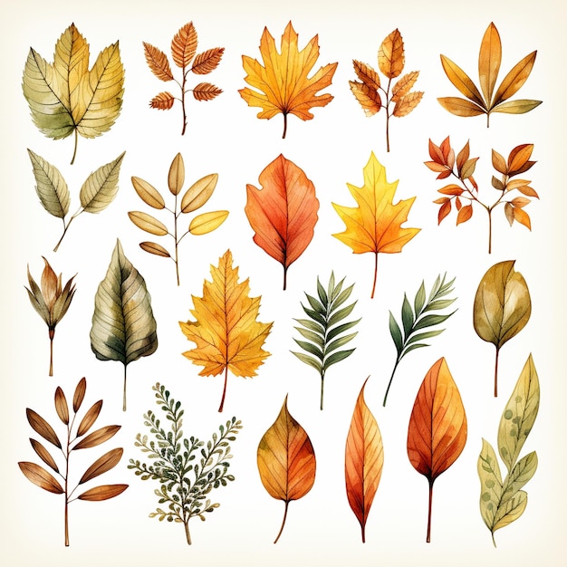 Autumn leaves watercolor autumn fall leaves and branches orange red yellow brown green