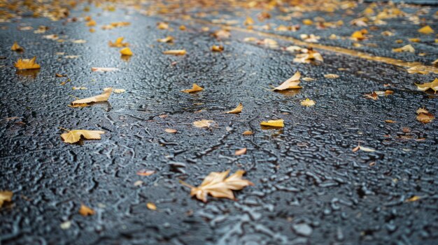 Autumn leaves on a wet asphalt surface rainy day