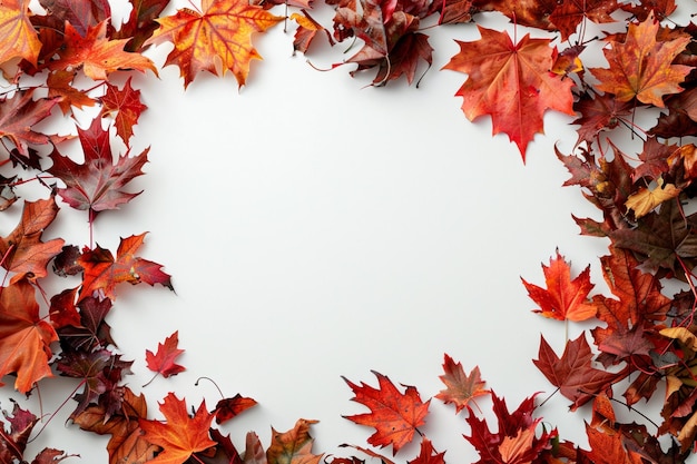 Autumn leaves on white background with vibrant shades of red and orange