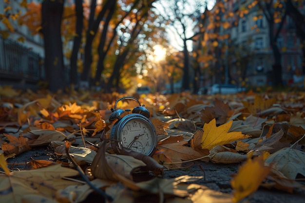 Photo autumn leaves with alarm clock