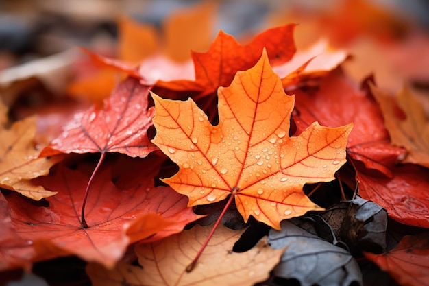 Autumn leaves with dew drops