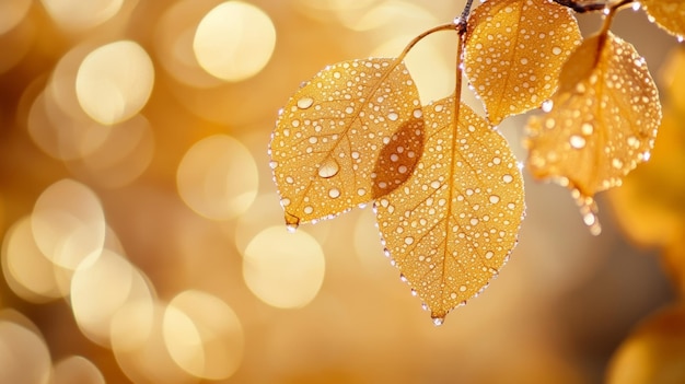 Autumn leaves with dewdrops on a branch golden bokeh background Nature and seasonal beauty concept