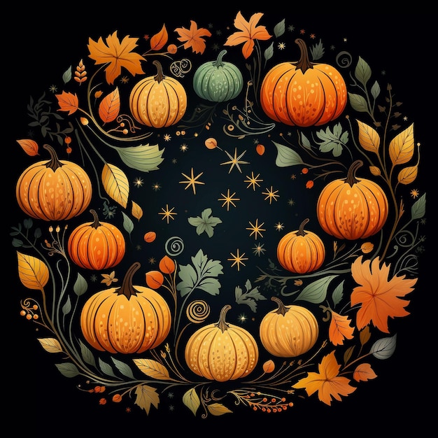 autumn leaves with pumpkins on a dark background Perfect for textile wedding greeting card