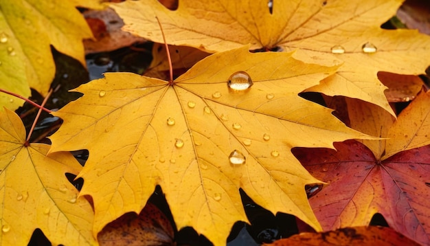 autumn leaves with water drops Background