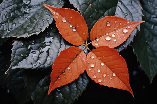 Photo autumn leaves with water drops on a dark background closeup