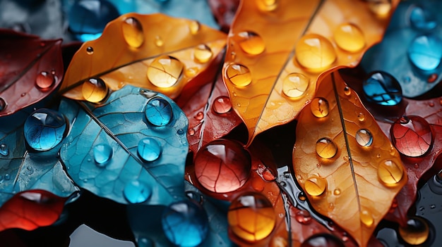 Autumn leaves with water drops macro