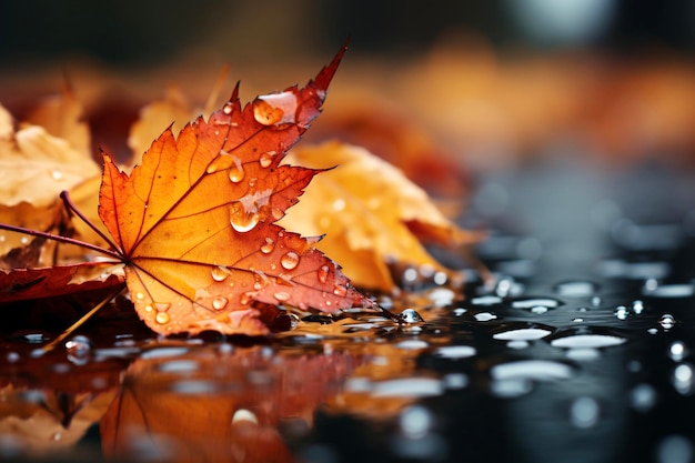 Autumn leaves with water drops on a wet surface Selective focus