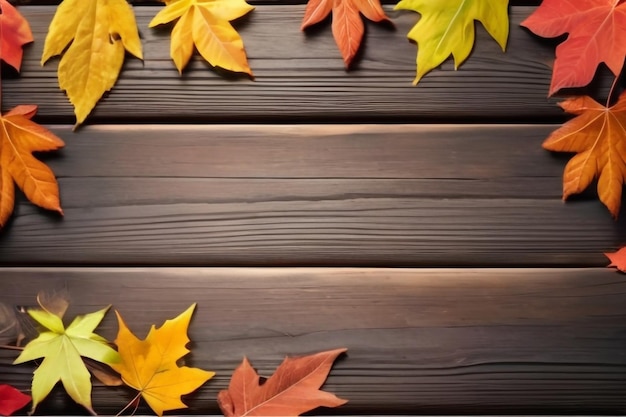 Autumn leaves over wooden background with copy space