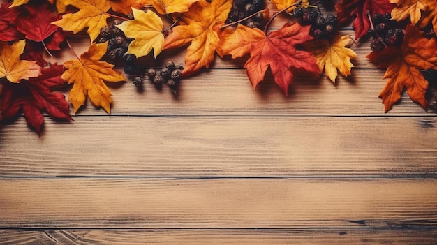 Autumn leaves on a wooden background