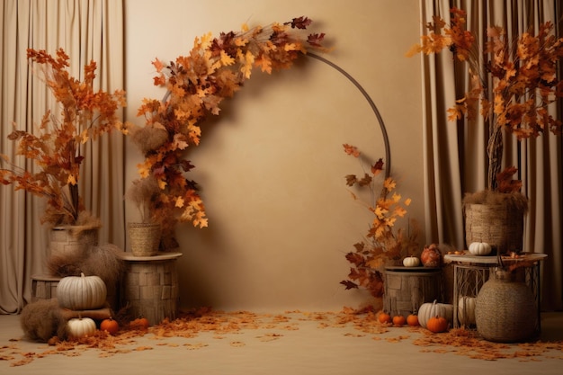 Autumn leaves wooden podiums and decorative elements arranged on a beige background create a capti