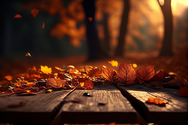 Autumn leaves on a wooden table in the forest at sunsetgenerative ai