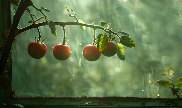 Autumn Light Three ripe tomatoes on a green branch bathed in warm autumn sunlight