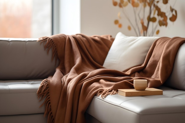 Photo autumn living room sofa with blanket and cup of coffee