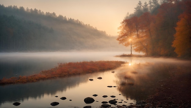 Autumn mist covers serene landscape reflecting trees in peaceful lake Tranquil and beautiful