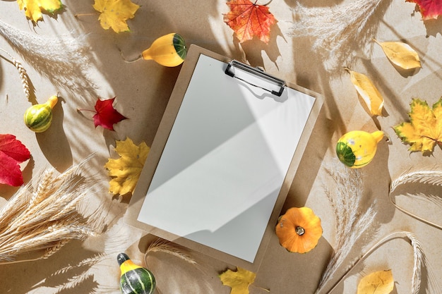 Autumn mockup white paper on paper pad Natural Fall leaves wheat ears small pumpkins dry pampas grass Copyspace text place Flat lay with natural sunlight long shadows