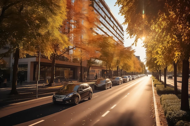 Autumn modern city in sunlight with road and cars