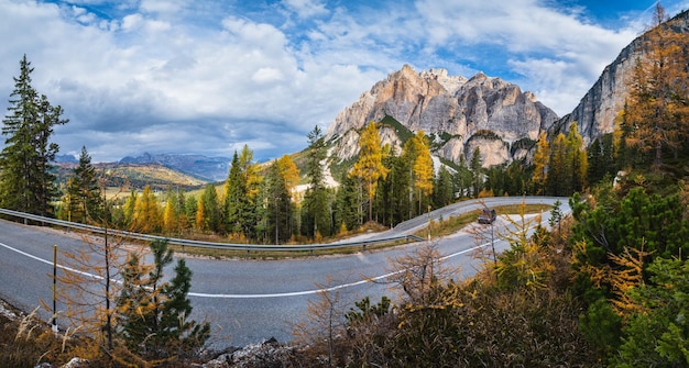 Autumn morning alpine Dolomites mountain scene Peaceful Valparola Path view Belluno Italy