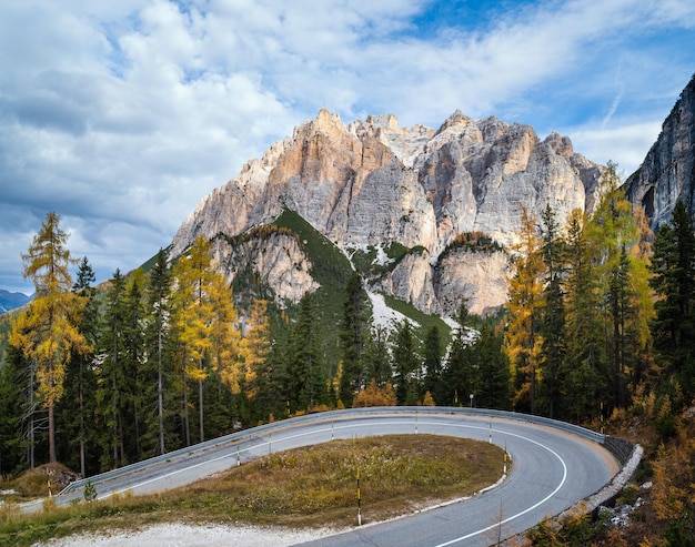 Autumn morning alpine Dolomites mountain scene Peaceful Valparola Path view Belluno Italy